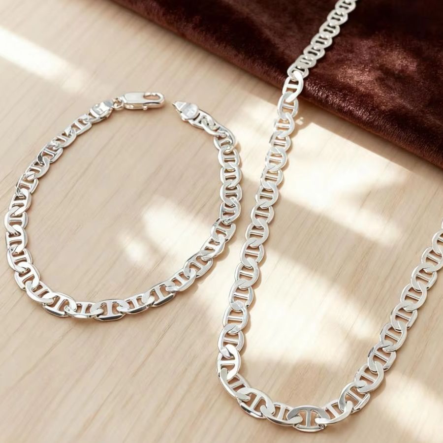 Men Accessories Chain And Bracelet - Nowy zestaw biżuterii ze srebra próby