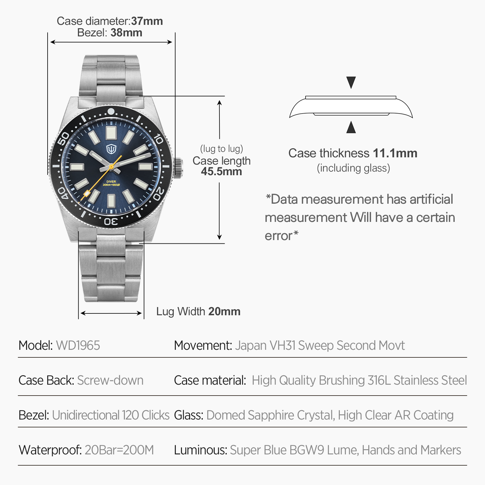 Watchdives 37mm WD1965 V2 Męsk – Men Accessories Bracelet recenzja i cena